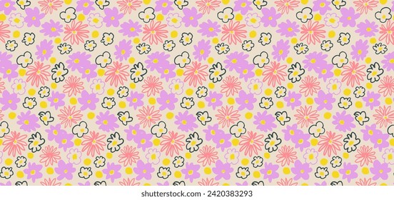Small vector flowers daisy seamless pattern. Natural wallpaper, floral decoration illustration. Hand drawn elements. Children's drawing. Print for a dress or swimsuit