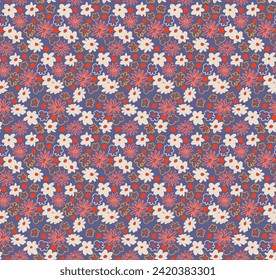 Kleine Vektorblumen schmücken nahtloses Muster. Natürliche Tapete, Blumendekoration. Handgezeichnete Elemente. Kinderzeichnung. Drucken für ein Kleid oder einen Badeanzug