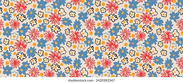 Small vector flowers daisy seamless pattern. Natural wallpaper, floral decoration illustration. Hand drawn elements. Children's drawing. Print for a dress or swimsuit