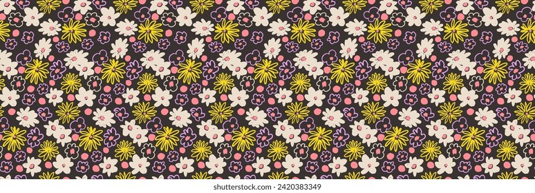 Small vector flowers daisy seamless pattern. Natural wallpaper, floral decoration illustration. Hand drawn elements. Children's drawing. Print for a dress or swimsuit
