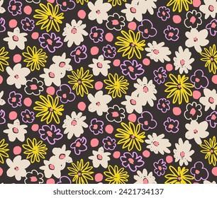 Pequeñas flores vectoriales con un patrón sin fisuras. Papel de pared natural, ilustración de decoración floral. Elementos dibujados a mano. Dibujo infantil. Imprimir para un vestido o traje de baño