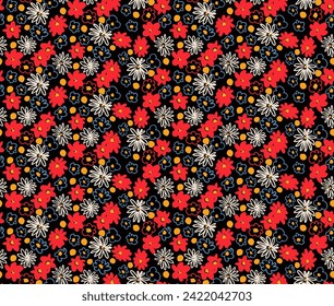 Small vector flowers daisy seamless pattern. Natural wallpaper, floral decoration illustration. Hand drawn elements. Children's drawing. Print for a dress or swimsuit