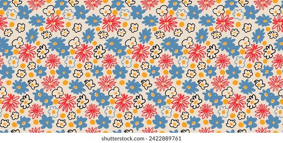 Pequeñas flores vectoriales con un patrón sin fisuras. Papel de pared natural, ilustración de decoración floral. Elementos dibujados a mano. Dibujo infantil. Imprimir para un vestido o traje de baño
