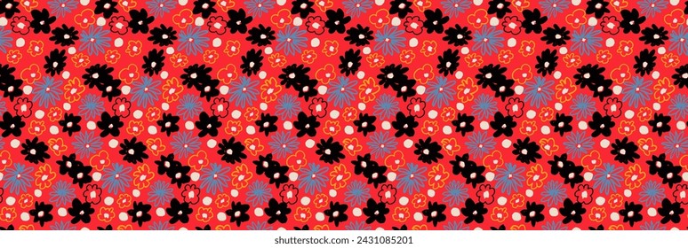 Small vector flowers daisy seamless pattern. Natural wallpaper, floral decoration illustration. Hand drawn elements. Children's drawing. Print for a dress or swimsuit