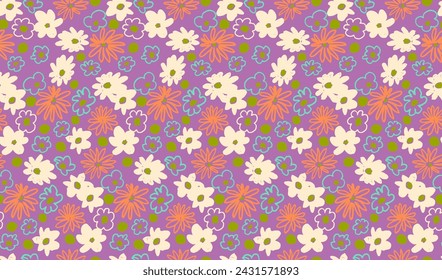 Small vector flowers daisy seamless pattern. Natural wallpaper, floral decoration illustration. Hand drawn elements. Children's drawing. Print for a dress or swimsuit