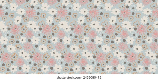 Small vector flowers daisy seamless pattern. Natural wallpaper, floral decoration illustration. Hand drawn elements. Children's drawing. Print for a dress or swimsuit