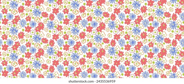 Small vector flowers daisy seamless pattern. Natural wallpaper, floral decoration illustration. Hand drawn elements. Children's drawing. Print for a dress or swimsuit