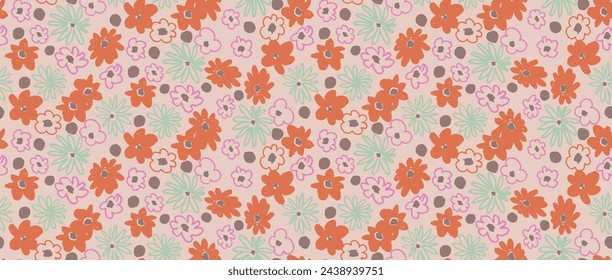 Small vector flowers daisy seamless pattern. Natural wallpaper, floral decoration illustration. Hand drawn elements. Children's drawing. Print for a dress or swimsuit