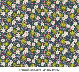 Small vector flowers daisy seamless pattern. Natural wallpaper, floral decoration illustration. Hand drawn elements. Children's drawing. Print for a dress or swimsuit