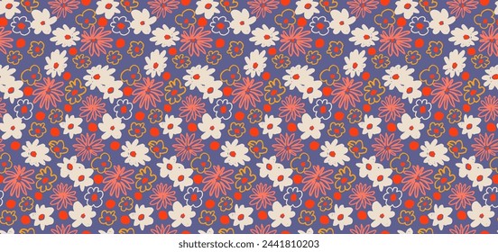 Small vector flowers daisy seamless pattern. Natural wallpaper, floral decoration illustration. Hand drawn elements. Children's drawing. Print for a dress or swimsuit