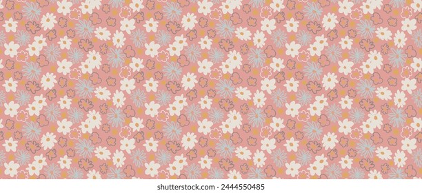 Small vector flowers daisy seamless pattern. Natural wallpaper, floral decoration illustration. Hand drawn elements. Children's drawing. Print for a dress or swimsuit