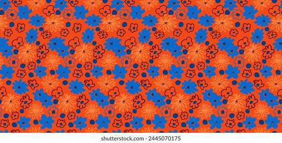 Small vector flowers daisy seamless pattern. Natural wallpaper, floral decoration illustration. Hand drawn elements. Children's drawing. Print for a dress or swimsuit