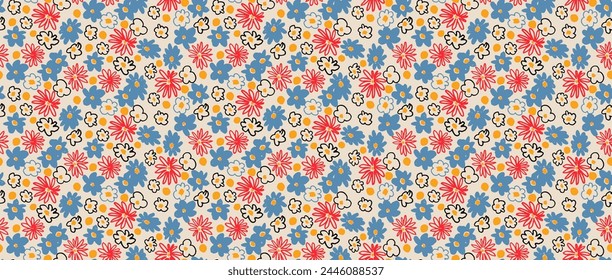 Small vector flowers daisy seamless pattern. Natural wallpaper, floral decoration illustration. Hand drawn elements. Children's drawing. Print for a dress or swimsuit