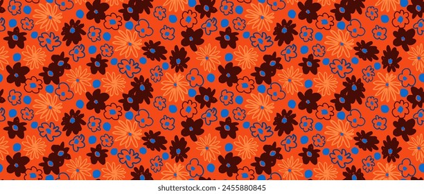 Small vector flowers daisy seamless pattern. Natural wallpaper, floral decoration illustration. Hand drawn elements. Children's drawing. Print for a dress or swimsuit
