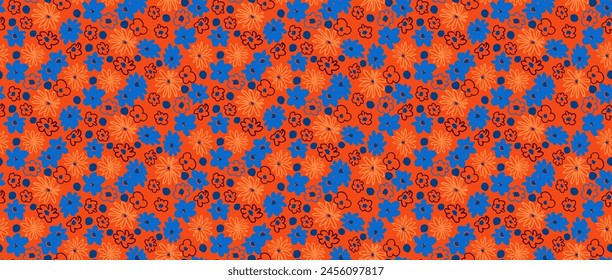Small vector flowers daisy seamless pattern. Natural wallpaper, floral decoration illustration. Hand drawn elements. Children's drawing. Print for a dress or swimsuit