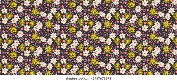 Kleine Vektorgrafik Blumen Gänseblümchen nahtlose Muster. Natürlicher Bildschirmhintergrund, Blumendekoration Illustration. Handgezeichnete Elemente. Kinderzeichnung. Druck für ein Kleid oder Badeanzug