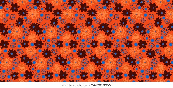 Small vector flowers daisy seamless pattern. Natural wallpaper, floral decoration illustration. Hand drawn elements. Children's drawing. Print for a dress or swimsuit