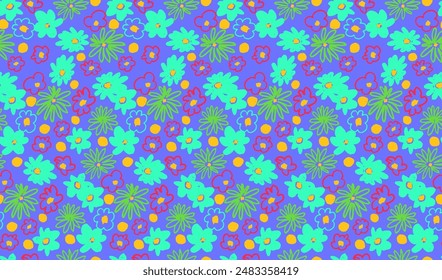Small vector flowers daisy seamless pattern. Natural wallpaper, floral decoration illustration. Hand drawn elements. Children's drawing. Print for a dress or swimsuit