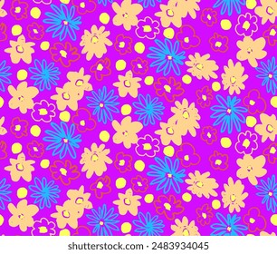 Small vector flowers daisy seamless pattern. Natural wallpaper, floral decoration illustration. Hand drawn elements. Children's drawing. Print for a dress or swimsuit