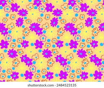 Small vector flowers daisy seamless pattern. Natural wallpaper, floral decoration illustration. Hand drawn elements. Children's drawing. Print for a dress or swimsuit