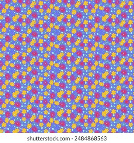 Small vector flowers daisy seamless pattern. Natural wallpaper, floral decoration illustration. Hand drawn elements. Children's drawing. Print for a dress or swimsuit