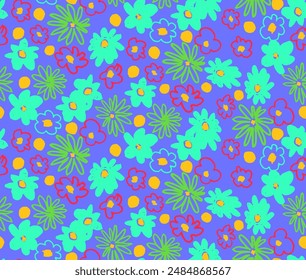 Small vector flowers daisy seamless pattern. Natural wallpaper, floral decoration illustration. Hand drawn elements. Children's drawing. Print for a dress or swimsuit