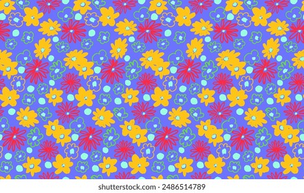 Small vector flowers daisy seamless pattern. Natural wallpaper, floral decoration illustration. Hand drawn elements. Children's drawing. Print for a dress or swimsuit