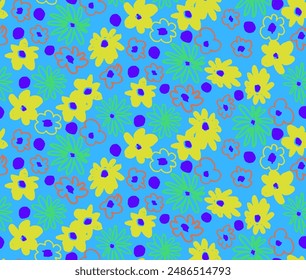 Small vector flowers daisy seamless pattern. Natural wallpaper, floral decoration illustration. Hand drawn elements. Children's drawing. Print for a dress or swimsuit