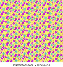 Small vector flowers daisy seamless pattern. Natural wallpaper, floral decoration illustration. Hand drawn elements. Children's drawing. Print for a dress or swimsuit