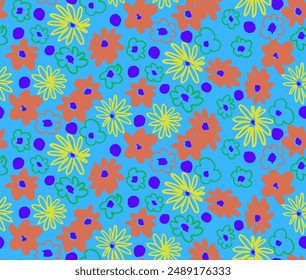 Small vector flowers daisy seamless pattern. Natural wallpaper, floral decoration illustration. Hand drawn elements. Children's drawing. Print for a dress or swimsuit
