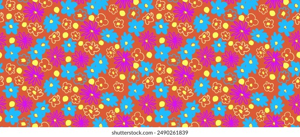 Small vector flowers daisy seamless pattern. Natural wallpaper, floral decoration illustration. Hand drawn elements. Children's drawing. Print for a dress or swimsuit