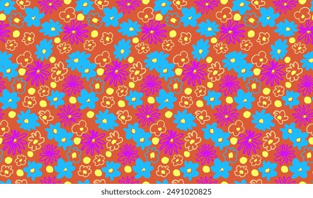 Small vector flowers daisy seamless pattern. Natural wallpaper, floral decoration illustration. Hand drawn elements. Children's drawing. Print for a dress or swimsuit