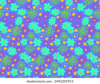 Small vector flowers daisy seamless pattern. Natural wallpaper, floral decoration illustration. Hand drawn elements. Children's drawing. Print for a dress or swimsuit