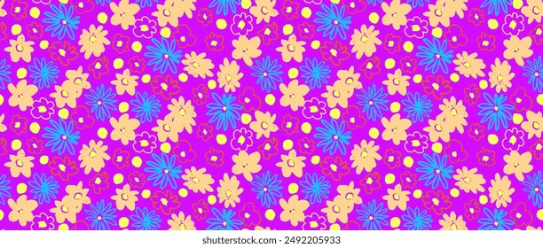 Small vector flowers daisy seamless pattern. Natural wallpaper, floral decoration illustration. Hand drawn elements. Children's drawing. Print for a dress or swimsuit