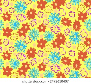 Small vector flowers daisy seamless pattern. Natural wallpaper, floral decoration illustration. Hand drawn elements. Children's drawing. Print for a dress or swimsuit