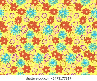 Small vector flowers daisy seamless pattern. Natural wallpaper, floral decoration illustration. Hand drawn elements. Children's drawing. Print for a dress or swimsuit