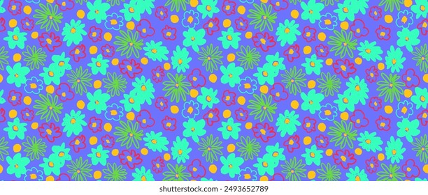 Small vector flowers daisy seamless pattern. Natural wallpaper, floral decoration illustration. Hand drawn elements. Children's drawing. Print for a dress or swimsuit