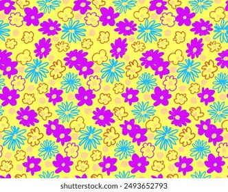 Small vector flowers daisy seamless pattern. Natural wallpaper, floral decoration illustration. Hand drawn elements. Children's drawing. Print for a dress or swimsuit