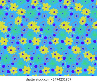 Small vector flowers daisy seamless pattern. Natural wallpaper, floral decoration illustration. Hand drawn elements. Children's drawing. Print for a dress or swimsuit