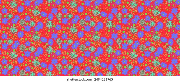 Small vector flowers daisy seamless pattern. Natural wallpaper, floral decoration illustration. Hand drawn elements. Children's drawing. Print for a dress or swimsuit