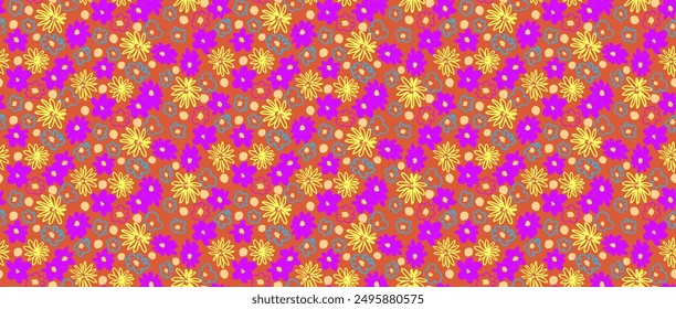 Small vector flowers daisy seamless pattern. Natural wallpaper, floral decoration illustration. Hand drawn elements. Children's drawing. Print for a dress or swimsuit