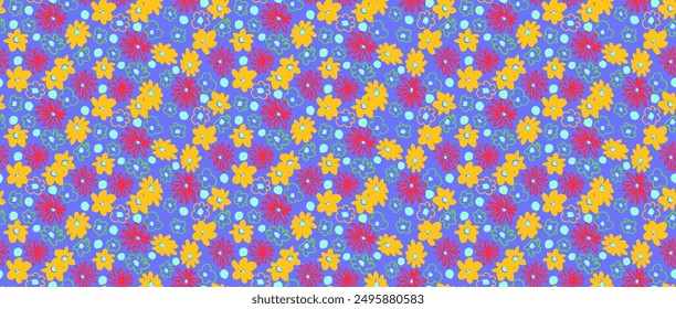 Small vector flowers daisy seamless pattern. Natural wallpaper, floral decoration illustration. Hand drawn elements. Children's drawing. Print for a dress or swimsuit
