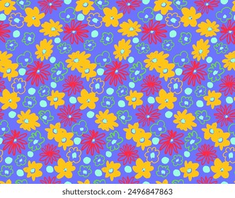 Small vector flowers daisy seamless pattern. Natural wallpaper, floral decoration illustration. Hand drawn elements. Children's drawing. Print for a dress or swimsuit