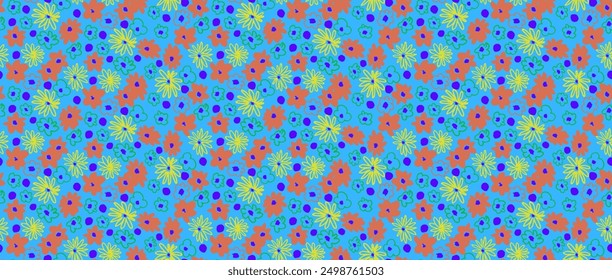 Small vector flowers daisy seamless pattern. Natural wallpaper, floral decoration illustration. Hand drawn elements. Children's drawing. Print for a dress or swimsuit