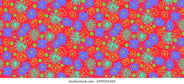 Small vector flowers daisy seamless pattern. Natural wallpaper, floral decoration illustration. Hand drawn elements. Children's drawing. Print for a dress or swimsuit