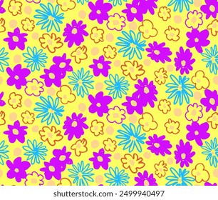 Small vector flowers daisy seamless pattern. Natural wallpaper, floral decoration illustration. Hand drawn elements. Children's drawing. Print for a dress or swimsuit