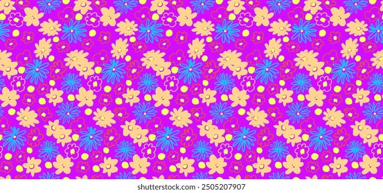 Small vector flowers daisy seamless pattern. Natural wallpaper, floral decoration illustration. Hand drawn elements. Children's drawing. Print for a dress or swimsuit
