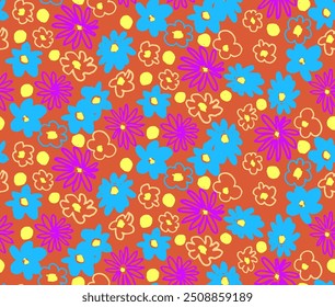 Pequeno vetor flores daisy padrão sem emenda. Papel de parede natural, decoração floral ilustração. Elementos desenhados à mão. Desenho infantil. Impressão para um vestido ou maiô