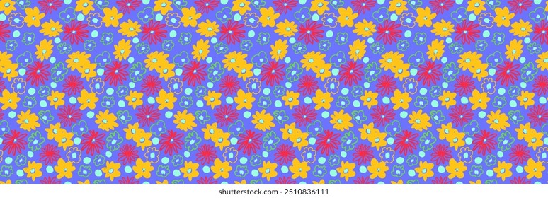 Small vector flowers daisy seamless pattern. Natural wallpaper, floral decoration illustration. Hand drawn elements. Children's drawing. Print for a dress or swimsuit