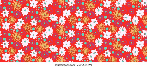 Small vector flowers daisy seamless pattern. Natural wallpaper, floral decoration illustration. Hand drawn elements. Children's drawing. Print for a dress or swimsuit